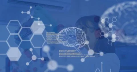 Image of human brains and data processing over female scientist in laboratory Stock Illustration