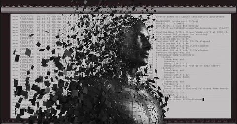 Image of human bust with particles and digital data processing over computer Stock Photos