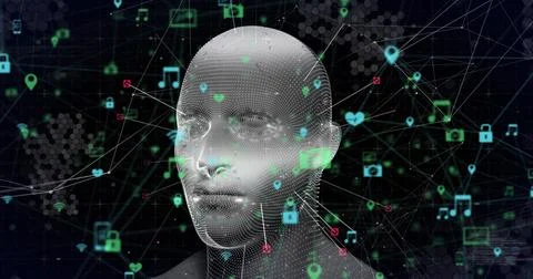 Image of human face rotating and connected icons forming globe over black Stock Illustration