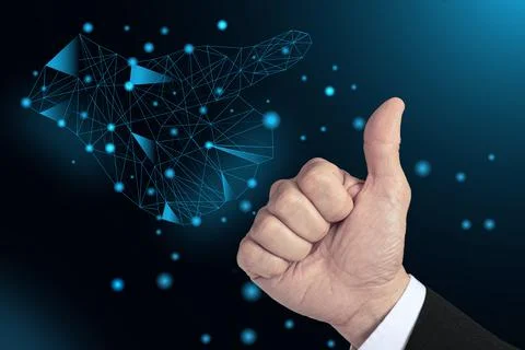Image of human hand and line drawing winning hand gestures on dark background Foto stock