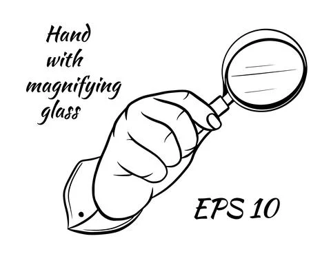 Image of human hand holding a magnifying glass. Stock Illustration