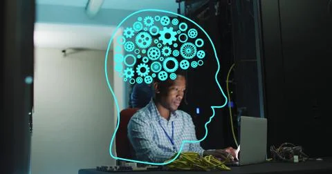 Image of human head ai data processing over african american man using laptop Stock Photos