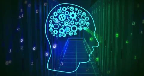 Image of human head ai data processing over african american man using laptop Stock Photos