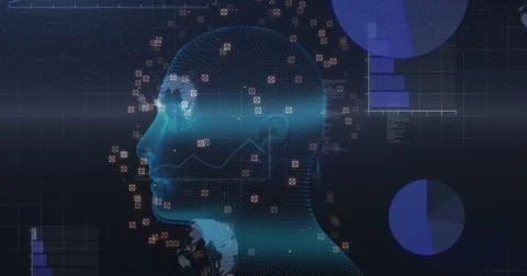Image of human head and data processing over digital screen Illustrazione stock