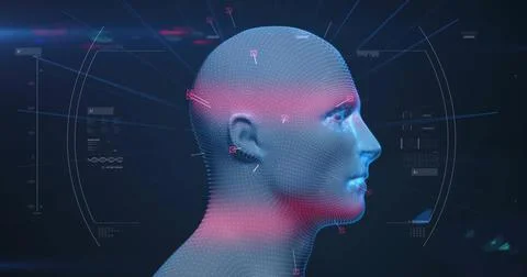 Image of human head and data processing over dark background Stock Illustration