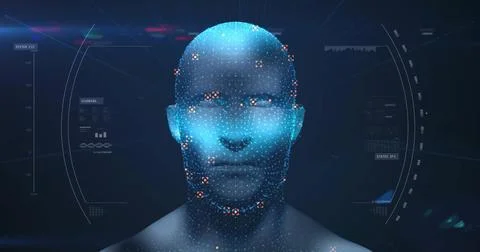 Image of human head and data processing over dark background 스톡 일러스트