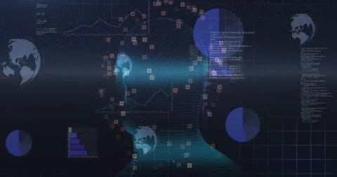 Image of human head and data processing over digital screen Stockfoto's