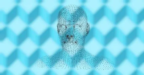 Image of human head formed with binary coding spinning over patterned blue Stock Illustration