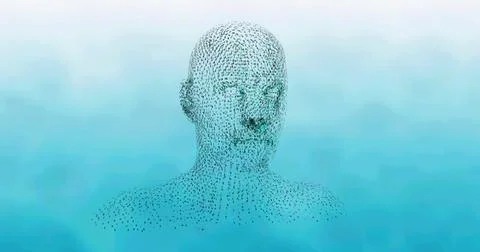 Image of human head formed with binary coding spinning over blue background 스톡 사진