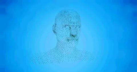 Image of human head formed with binary coding spinning over blue background 스톡 사진