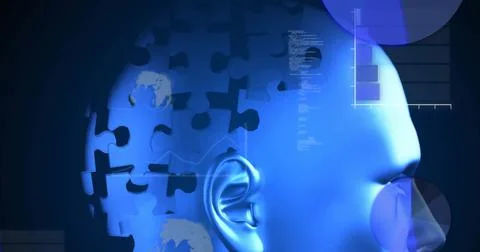 Image of human head formed with blue puzzle pieces and data processing Ilustração Stock