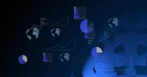 Image of human head formed with blue puzzle pieces and data processing Stock Illustration