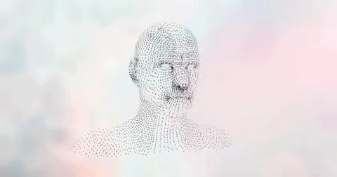 Image of human head formed with grey particles spinning over cloud background Foto stock