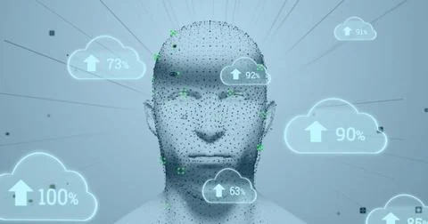 Image of human head glowing with clouds and numbers growing Stock Illustration