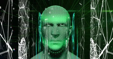 Image of human head glowing with digital interface data processing Illustrazione stock
