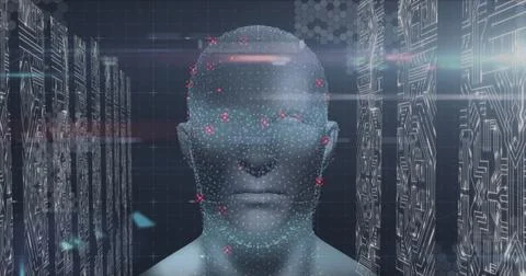Image of human head glowing with digital interface data processing Stock Illustration