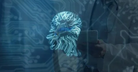 Image of human head icon over man using smartphone Illustrazione stock