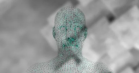 Image of human head with particles moving over grey background 库存插图