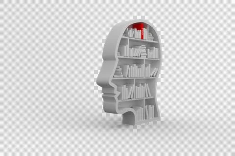 Image of human head shaped bookcase with stacks of white books and one red book Stock Photos