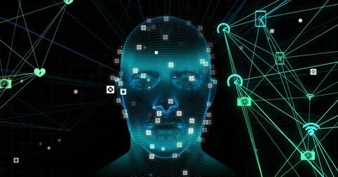 Image of human head spinning with digital interface connections networks イラスト素材