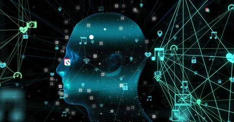 Image of human head spinning with digital interface connections networks Illustrazione stock