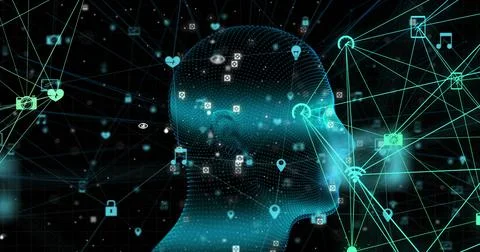 Image of human head spinning with digital interface connections networks イラスト素材