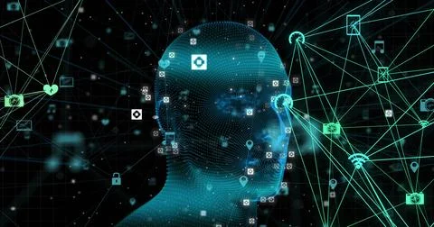 Image of human head spinning with digital interface connections networks 스톡 일러스트