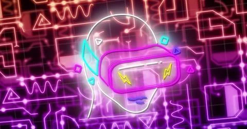 Image of human head using vr headset and data processing over circuit board Stock Illustration