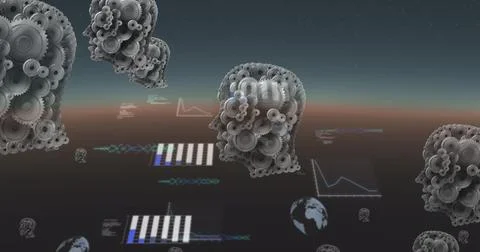 Image of human heads with clogs and data processing with globes Stock Illustration