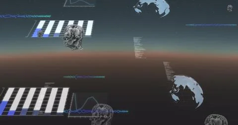 Image of human heads with clogs and data processing with globes Ilustração Stock
