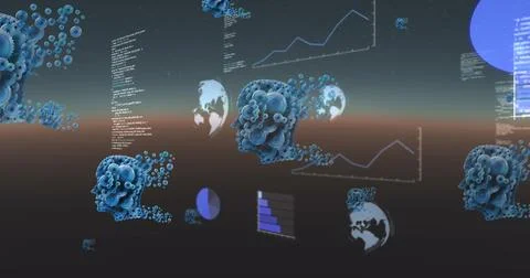 Image of human heads with clogs and data processing with globes Illustrazione stock
