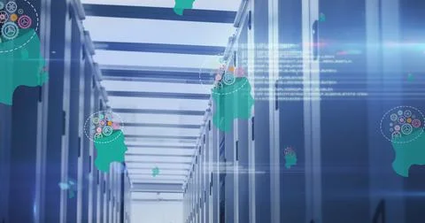 Image of human heads with cogs and data processing over computer servers Foto stock