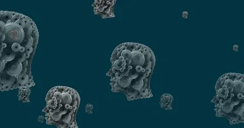 Image of human heads formed with cogs moving on blue background 库存插图