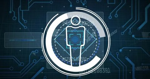 Image of human icon and scope scanning over data processing on black background Illustrazione stock