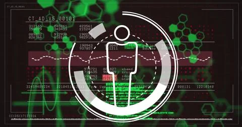 Image of human icon over data processing and chemical formula on black Illustrazione stock