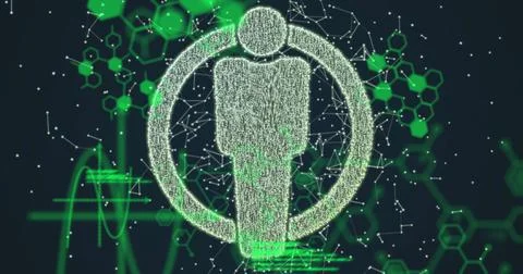 Image of human icon over scientific data and connections Illustrazione stock