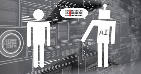 Image of human representation, ai text in robot over graphs, numbers, loading Foto stock