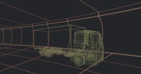 Image of human representations over 3d car model over grid on black background Foto stock