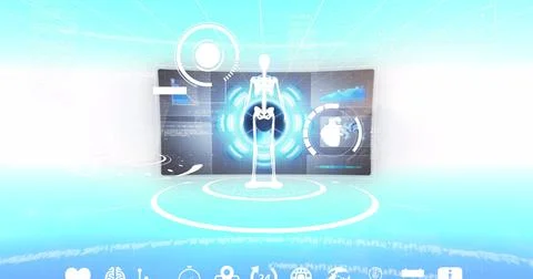 Image of human skeleton over digital screen with scientific data on blue 写真素材