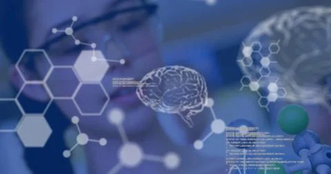 Image of humans brain and data processing over female scientist in laboratory イラスト素材