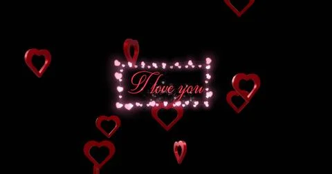 Image of i love you text over red hearts and light spots on black background Ilustração Stock