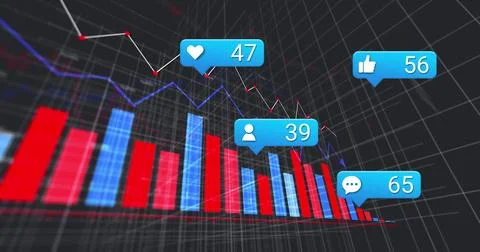 Image of icon and changing numbers in message boxes over graphs and compute.. Stock Photos