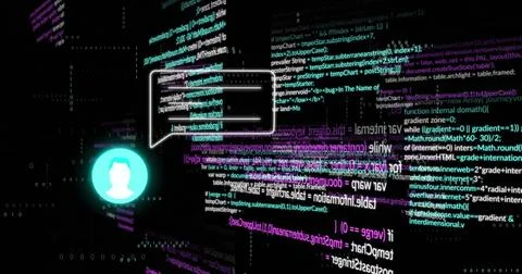 Image of icon and speech bublle and data processing over dark background 스톡 사진