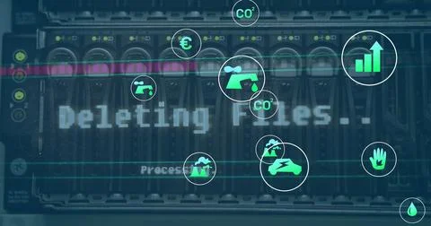 Image of icon in circles over back panel of data server system in server room Stock Illustration