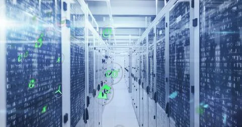Image of icon in circles over binary codes on data server racks in server room Stock Photos