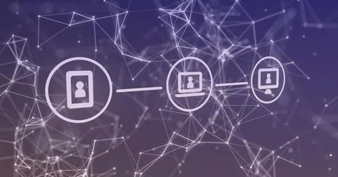 Image of icon in circles over connected dots forming geometric shapes on Stock Photos