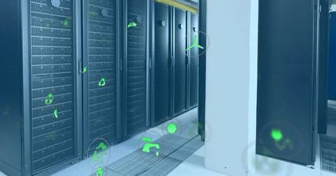 Image of icon in circles over data server racks in server room Stock Illustration