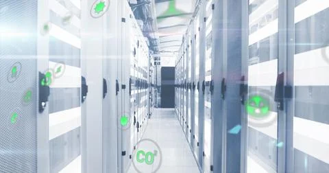 Image of icon in circles over moving bars on data server systems in server room Stock Photos