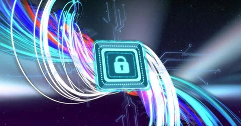 Image of icon with digital padlock and circuit board over network of fibre optic Stock Illustration