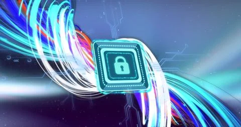 Image of icon with digital padlock and circuit board over network of fibre optic Stock Illustration